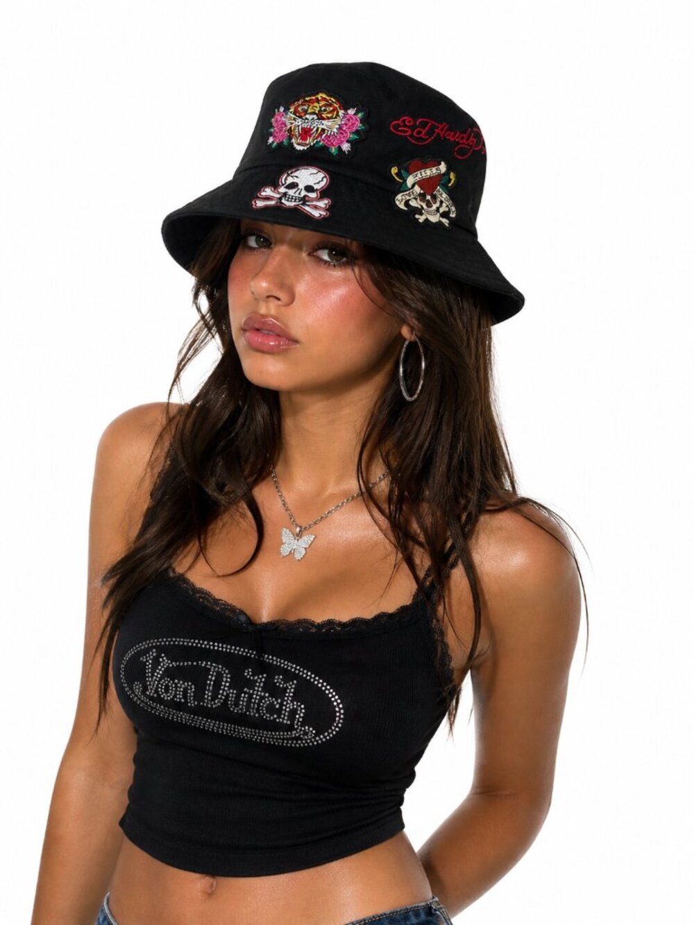 Ed Hardy NWT Tiger's Heart Bucket Hat Black Skull Patches Y2K Don Ed Hardy